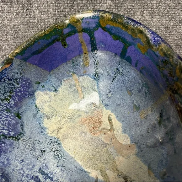 Vintage pottery bowl drip glaze cobalt purple angular centerpiece fruit 10x10x4 - Picture 3 of 10